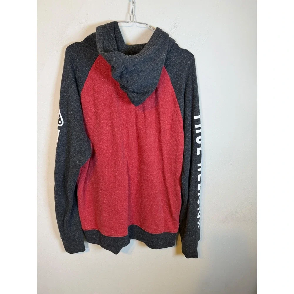 True Religion Mens Hoodie Raglan Graphic Sleeve Red Gray XL